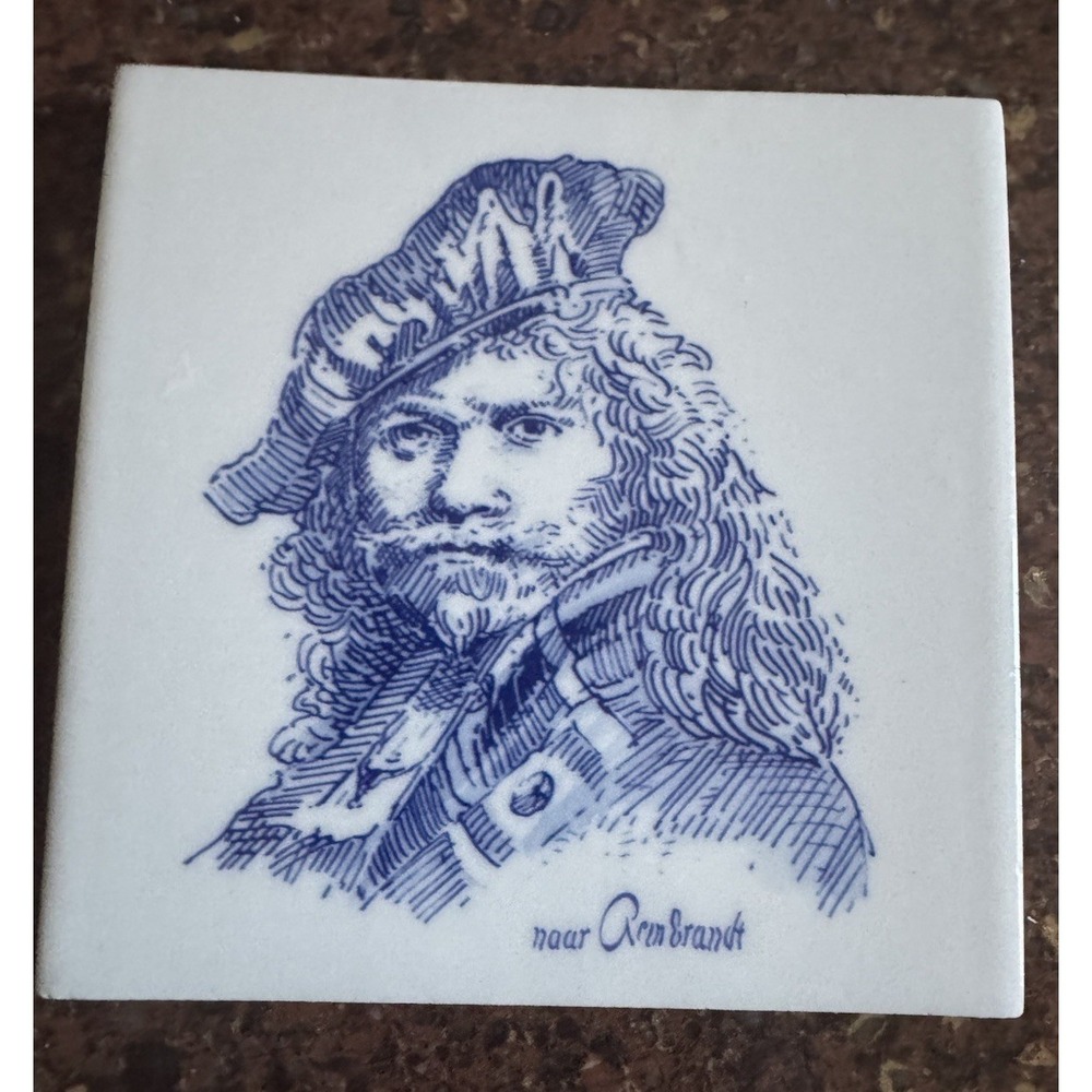 Royal Delft Ceramic Tile After Rembrandt Portrait‎ Dutch Blue & White Decor 5x5"